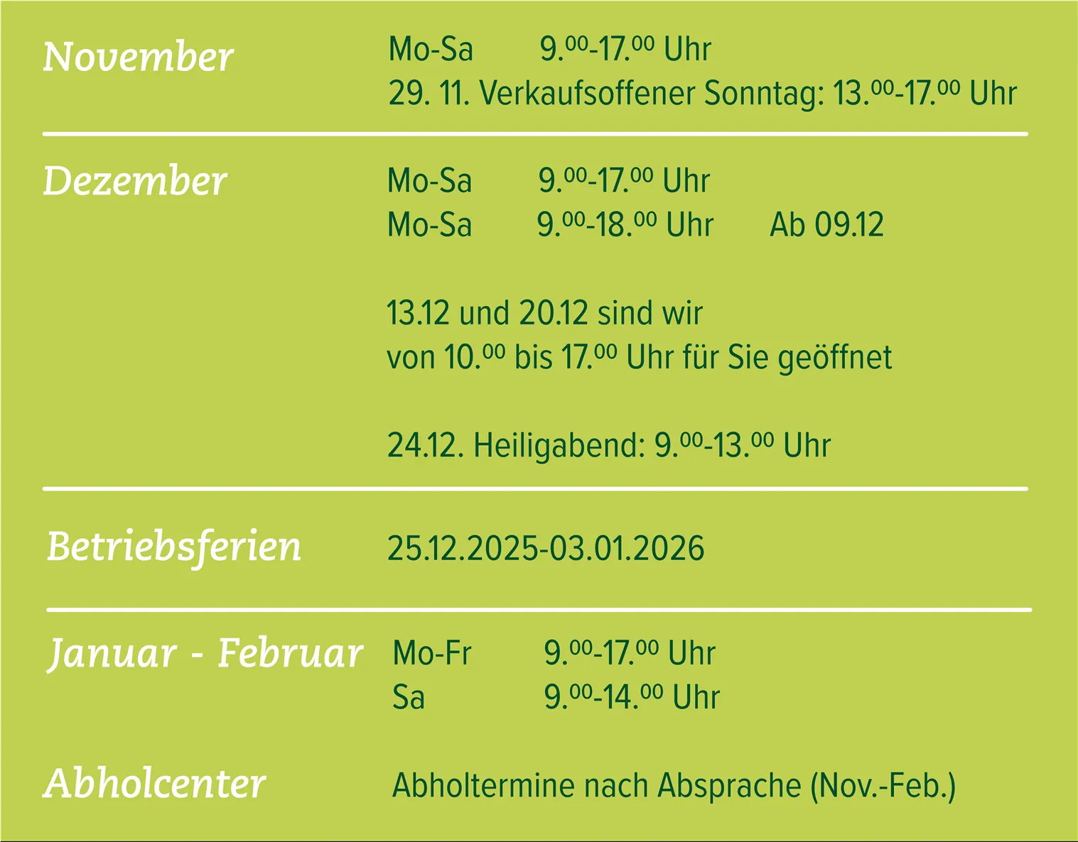 Öffnungszeiten 2026 Winter